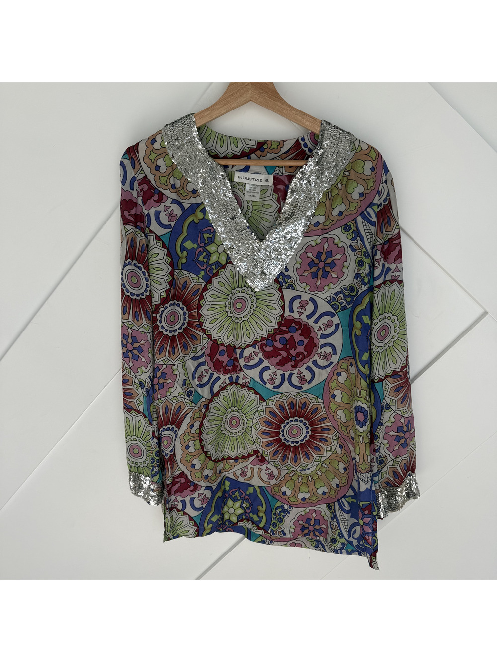 Vintage Industrie B. Small 100% Silk Tunic Top/ Coverup Silver Sequin Trim